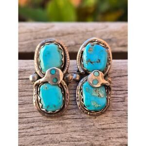 Rare Effie Calavaza Zuni Double Snake Sleeping Beauty Turquoise Stud Earrings